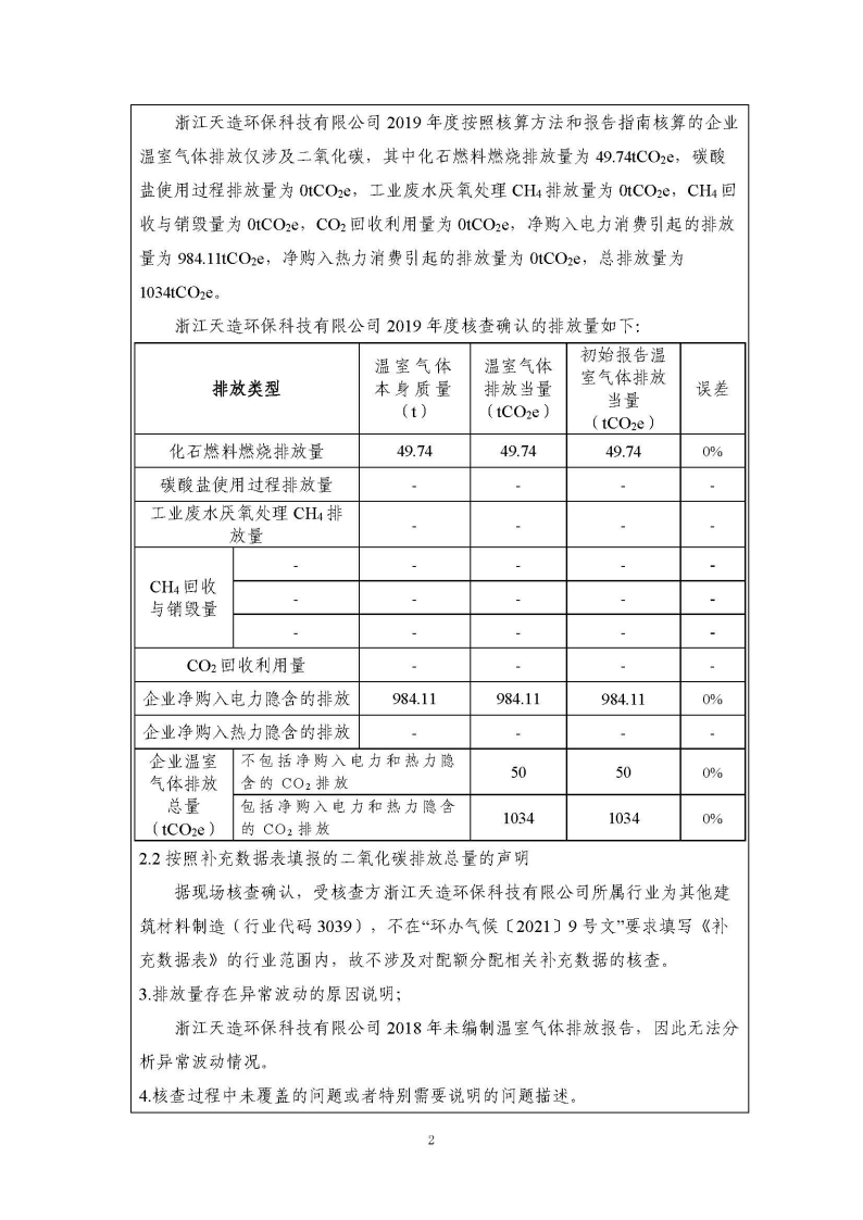 浙江天造环保科技有限公司2019年度碳核查报告