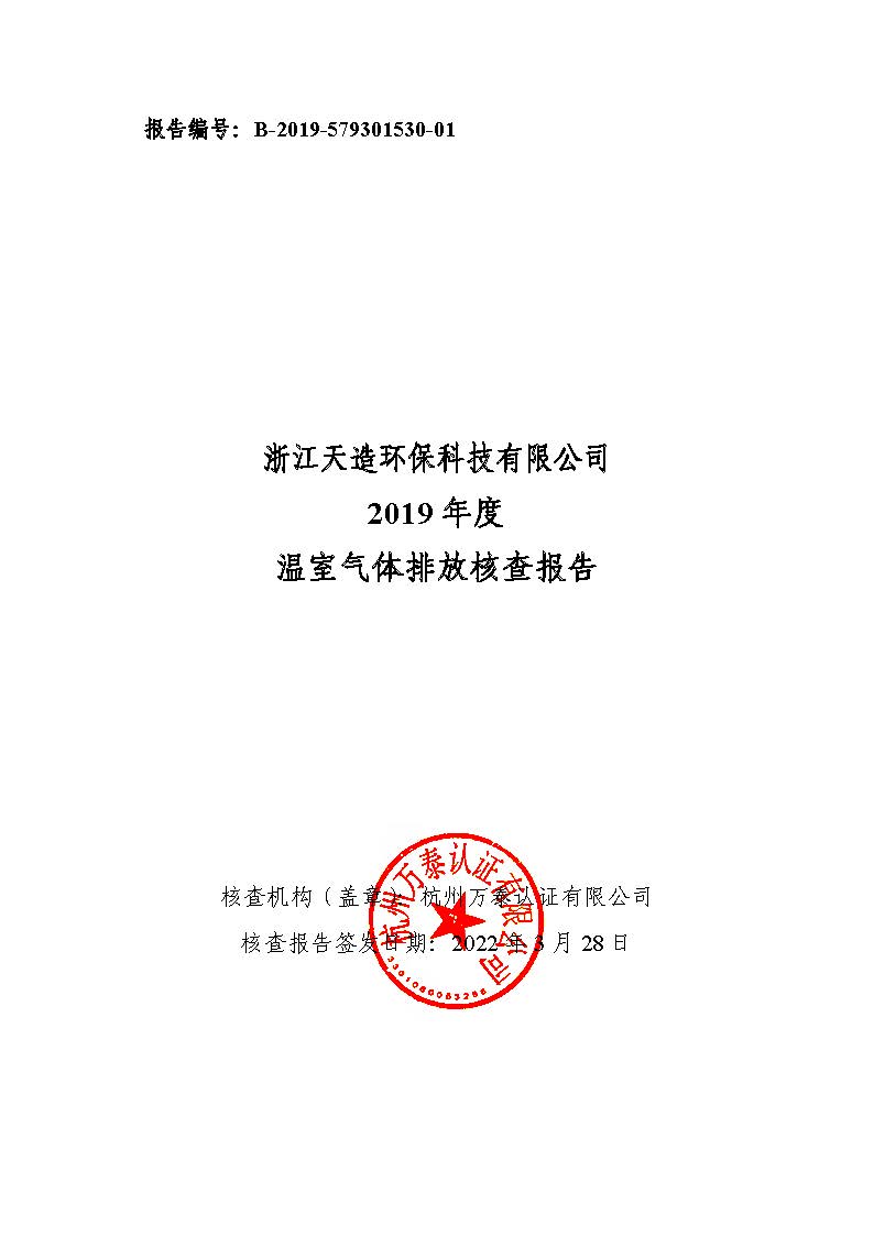 浙江天造环保科技有限公司2019年度碳核查报告